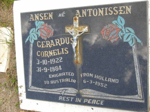 Gerarus Cornelis ANSEN (ne ANTONISSEN),  | 3-10-1922 - 31-9-1984,  | emigrated from Holland to Australia 6-3-1952;  | Kandanga Cemetery, Cooloola Shire  | 