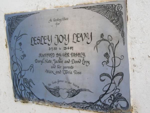 Lesley Joy LEVY,  | 3-7-55 - 25-6-87,  | family Daryl, Kate, Jackie & David LEVY;  | parents Max & Gloria Rose;  | Kandanga Cemetery, Cooloola Shire  | 