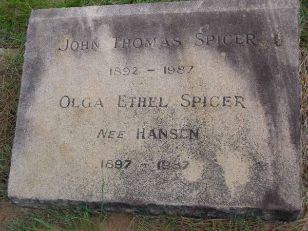 John Thomas SPICER,  | 1892 - 1987;  | Olga Ethel SPICER, nee HANSEN,  | 1897 - 1987;  | Kandanga Cemetery, Cooloola Shire  | 