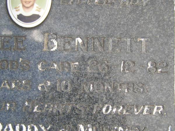 Tony Lee BENNETT,  | died 26-12-82 aged 4 years & 10 months,  | missed by daddy & mummy;  | Kandanga Cemetery, Cooloola Shire  | 