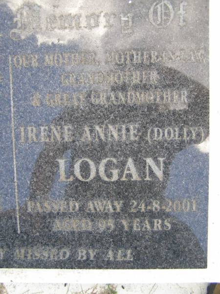 Thomas Hector LOGAN,  | husband father father-in-law grandfather,  | died 9-1-1976 aged 70 years;  | Irene Annie (Dolly) LOGAN,  | mother mother-in-law grandmother great-grandmother,  | died 24-8-2001 aged 95 years;  | Kandanga Cemetery, Cooloola Shire  | 