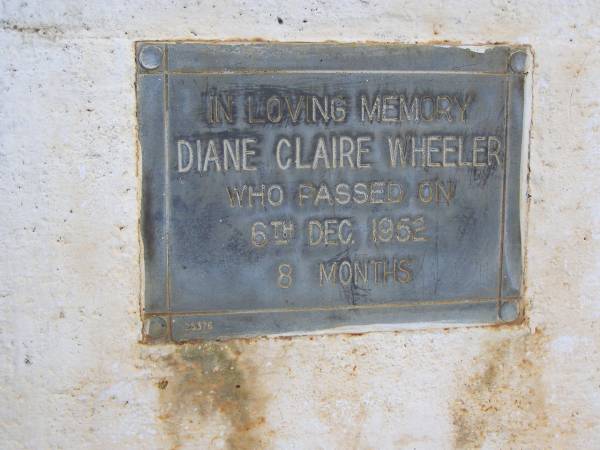 Harold WHEELER,  | died 21 Jan 1951 aged 43 years;  | Diane Claire WHEELER,  | died 6 Dec 1952 aged 8 months;  | Lorna Mavis WHEELER,  | 17-11-1926 - 3-9-1994;  | Kandanga Cemetery, Cooloola Shire  | 