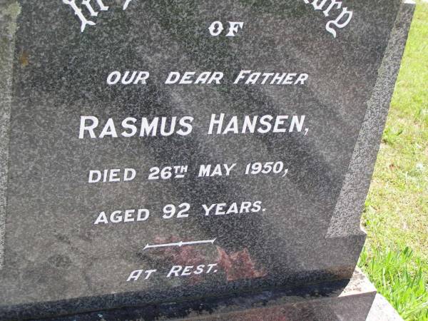 Rasmus HANSEN, father,  | died 26 May 1950 aged 92 years;  | Kandanga Cemetery, Cooloola Shire  | 