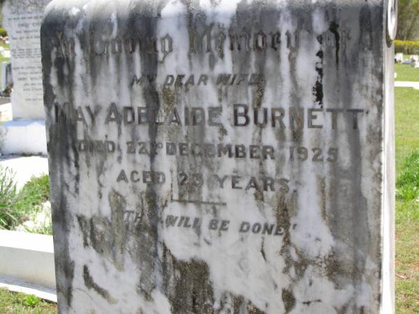 May Adelaide BURNETT, wife,  | died 22 Dec 1925 aged 23 years;  | Kandanga Cemetery, Cooloola Shire  | 