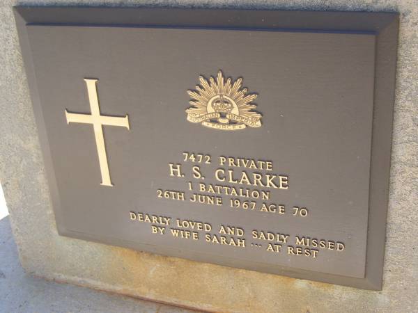 H.S. CLARKE,  | died 26 June 1967 aged 70 years,  | wife Sarah;  | Sarah CLARKE, aunt, wife of Horrie,  | born 9-1-1906 died 5-5-1985;  | Kandanga Cemetery, Cooloola Shire  | 