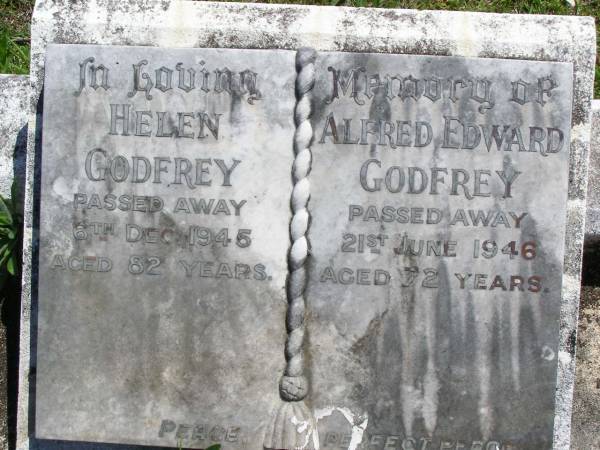 Helen GODFREY,  | died 6 Dec 1945 aged 82 years;  | Alfred Edward GODFREY,  | died 21 June 1946 aged 72 years;  | Kandanga Cemetery, Cooloola Shire  | 