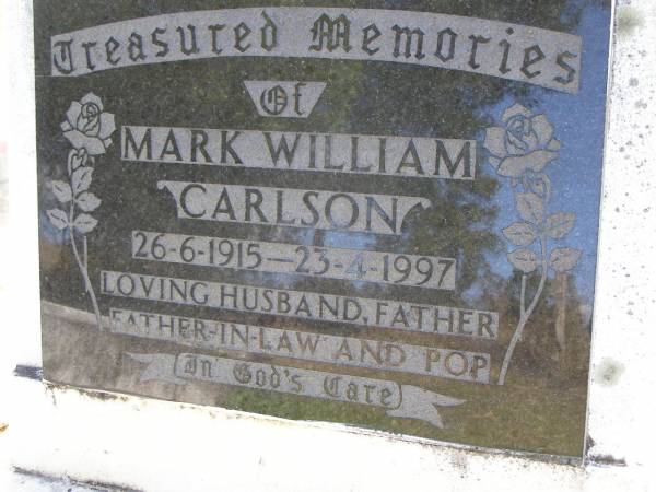 Mark William CARLSON,  | 26-6-1915 - 23-4-1997,  | husband father father-in-law pop;  | Kandanga Cemetery, Cooloola Shire  | 