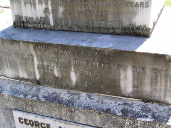 John O'FARRELL,  | died 14 March 1922 aged 28 years;  | Bernard Leo O'FARRELL, brother,  | killed in action in France 15 Sept 1918  | aged 23 years;  | George Alexander O'FARRELL,  | died in the Marian year 6 June 1954;  | Kandanga Cemetery, Cooloola Shire  | 