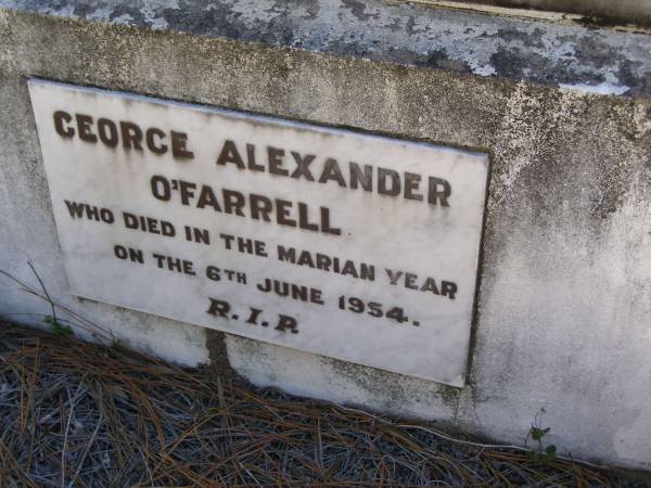 John O'FARRELL,  | died 14 March 1922 aged 28 years;  | Bernard Leo O'FARRELL, brother,  | killed in action in France 15 Sept 1918  | aged 23 years;  | George Alexander O'FARRELL,  | died in the Marian year 6 June 1954;  | Kandanga Cemetery, Cooloola Shire  | 