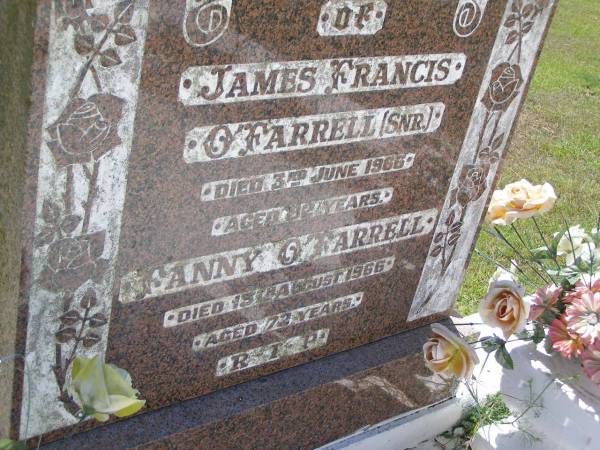 James Francis O'FARRELL (snr),  | died 3 June 1966 aged 82 years;  | Fanny O'FARRELL,  | died 15 Aug 1966 aged 72 years;  | Kandanga Cemetery, Cooloola Shire  | 