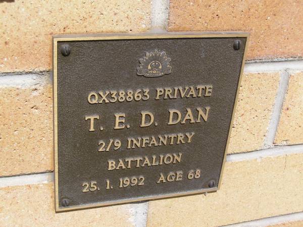 T.E.D. DAN,  | died 25-1-1992 aged 68 years;  | Kandanga Cemetery, Cooloola Shire  | 