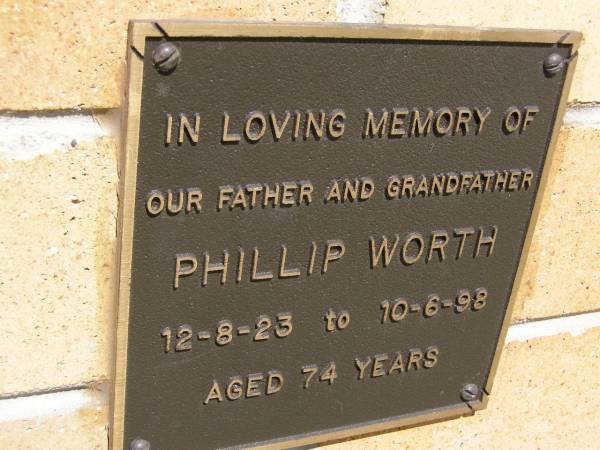Phillip WORTH, father grandfather,  | 12-8-23 - 10-6-98 aged 74 years;  | Kandanga Cemetery, Cooloola Shire  | 