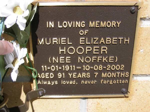 Muriel Elizabeth HOOPER (nee NOFFKE),  | 11-01-1911 - 10-08-2002  | aged 91 years 7 months;  | Kandanga Cemetery, Cooloola Shire  | 