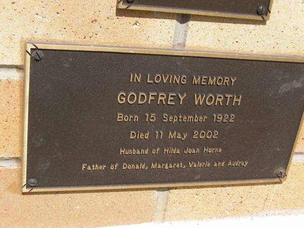Godfrey WORTH,  | born 15 Sept 1922 died 11 May 2002,  | husband of Hila John HORNE,  | father of Donald, Margaret, Valerie & Audrey;  | Kandanga Cemetery, Cooloola Shire  | 