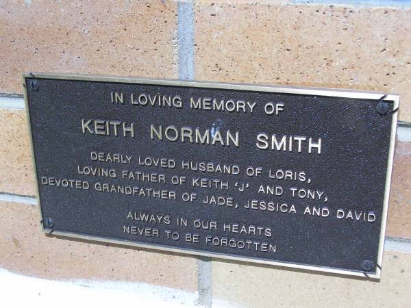 Keith Norman SMITH,  | husband of Loris,  | father of Keith 'J' & Tony,  | grandfather of Jade, Jessice & David;  | Kandanga Cemetery, Cooloola Shire  | 
