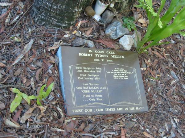 Robert Sydney MELLOY  | aged 97  | b: Kangaroo Point, 29 Dec 1897  | d: Southport, 23 Jan 1995  | St Mary's Anglican Church, Kangaroo Point, Brisbane  | 