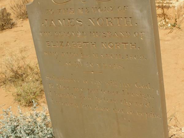 James NORTH, (husband of Elizabeth) d: 1st March 1869, aged 40  | Cemetery at Kanyaka Homestead, north of Quorn, South Australia  | 