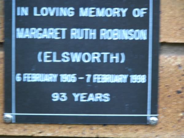 Margaret Ruth ROBINSON (ELSWORTH)  | b: 6 Feb 1905, d 7 Feb 1998, aged 93  | Kenmore-Brookfield Anglican Church, Brisbane  | 