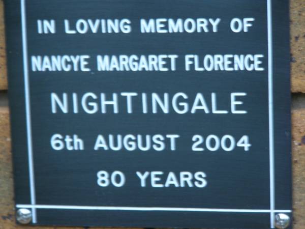 Nancye Margaret Florence NIGHTINGALE  | d: 6 Aug 2004, aged 80  | Kenmore-Brookfield Anglican Church, Brisbane  | 