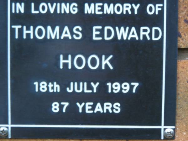 Thomas Edward HOOK  | d: 18 Jul 1997, aged 87  | Kenmore-Brookfield Anglican Church, Brisbane  | 