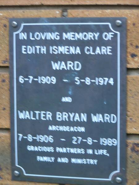 Edith Ismena Clare WARD  | b: 6 Jul 1909, d: 5 Aug 1974  | Walter Bryan WARD  | b: 7 Aug 1906, d: 27 Aug 1989  | Kenmore-Brookfield Anglican Church, Brisbane  | 