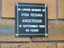 Vida Regina ANDERSON d: 19 Sep 1996, aged 89 Kenmore-Brookfield Anglican Church, Brisbane 