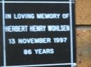 Herbert Henry WOHLSEN d: 13 Nov 1997, aged 86 Kenmore-Brookfield Anglican Church, Brisbane 