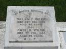 
William F. WILKIE,
died 29 Dec 1969 aged 84 years;
Kate D. WILKIE,
died 7 Feb 1984 aged 95 years;
St Johns Catholic Church, Kerry, Beaudesert Shire

