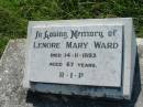 
Lenore Mary WARD,
died 14-11-1993 aged 67 years;
St Johns Catholic Church, Kerry, Beaudesert Shire
