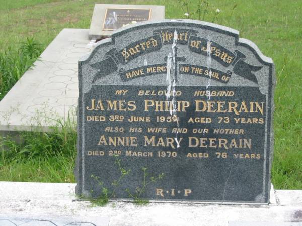 James Philip DEERAIN, husband,  | died 3 June 1959 aged 73 years;  | Annie Mary DEERAIN, wife mother,  | died 2 March 1970 aged 76 years;  | St John's Catholic Church, Kerry, Beaudesert Shire  | 