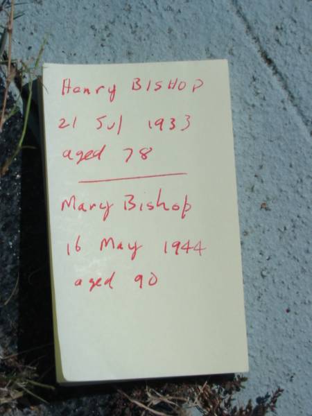 Henry BISHOP,  | died 21 July 1933 aged 78 years;  | Mary BISHOP,  | died 18 May 1944 aged 90 years;  | St John's Catholic Church, Kerry, Beaudesert Shire  | 