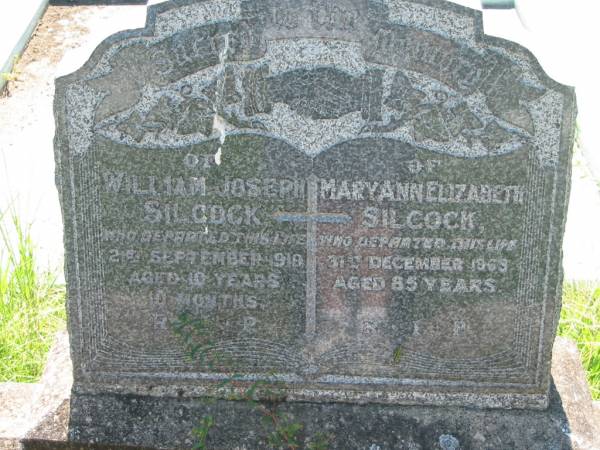 William Joseph SILCOCK,  | died 2 Sept 1919 aged 10 years 10 months;  | Mary Ann Elizabeth SILCOCK,  | died 31 Dec 1969 aged 85 years;  | Randall, 22-12-1967 aged? 82;  | St John's Catholic Church, Kerry, Beaudesert Shire  | 