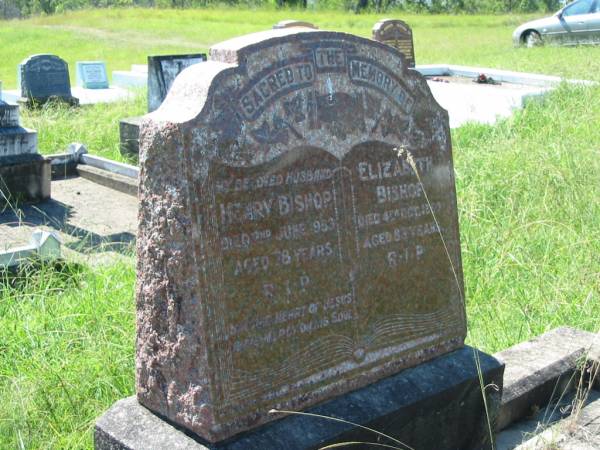 Henry BISHOP, husband,  | died 2 June 1953 aged 78 years;  | Elizabeth BISHOP,  | died 4 Oct 1960 aged 83 years;  | St John's Catholic Church, Kerry, Beaudesert Shire  | 