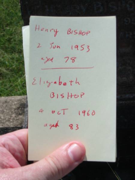 Henry BISHOP, husband,  | died 2 June 1953 aged 78 years;  | Elizabeth BISHOP,  | died 4 Oct 1960 aged 83 years;  | St John's Catholic Church, Kerry, Beaudesert Shire  | 