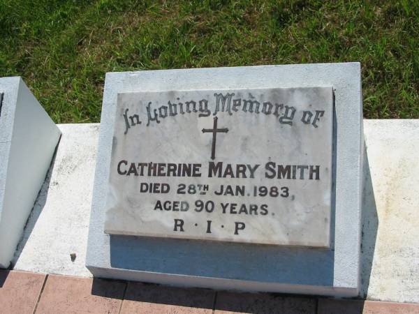 John Reilly SMITH,  | died 7 Aug 1955 aged 82 years;  | Catherine Mary SMITH,  | died 28 Jan 1983 aged 90 years;  | St John's Catholic Church, Kerry, Beaudesert Shire  | 