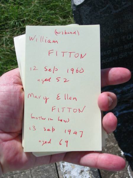 William FITTON, husband,  | died 12 Sept 1960 aged 52 years;  | Mary Ellen FITTON, mother-in-law,  | died 13 Sept 1947 aged 69 years;  | St John's Catholic Church, Kerry, Beaudesert Shire  | 
