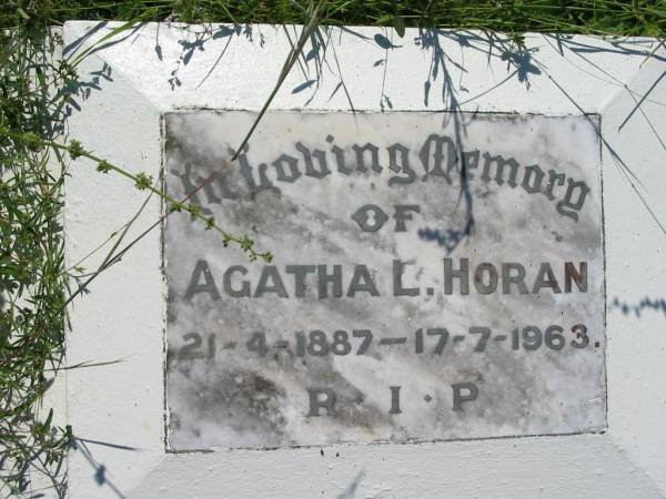 Agatha L. HORAN,  | 21-4-1887 - 17-7-1963;  | St John's Catholic Church, Kerry, Beaudesert Shire  | 