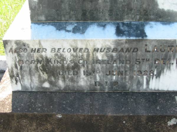 Elizabeth DUNNE,  | born County Cavan Ireland 20 June 1860,  | died 26 Sept 1925;  | Laurence, husband,  | born Kings County Ireland 5 Dec 1848,  | died 15 June 1928;  | St John's Catholic Church, Kerry, Beaudesert Shire  | 