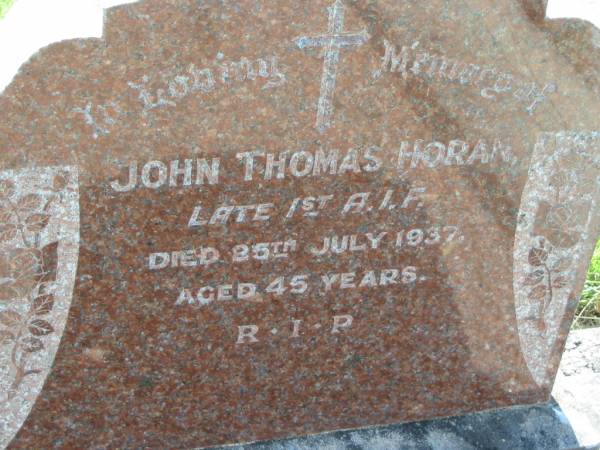 John Thomas HORAN,  | died 25 July 1937 aged 45 years;  | St John's Catholic Church, Kerry, Beaudesert Shire  | 