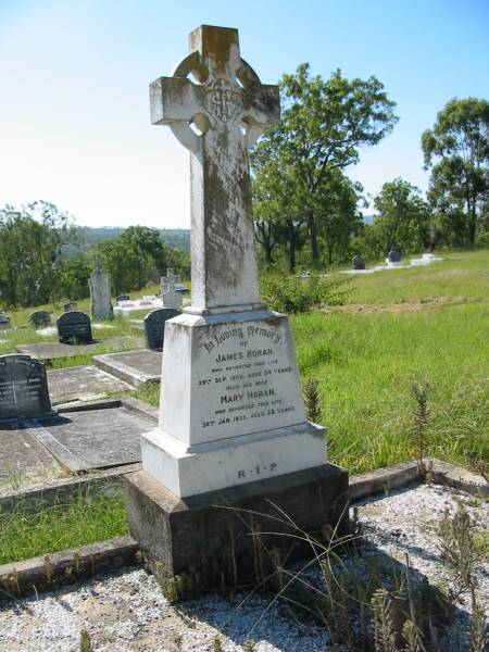 James HORAN,  | died 29 Sep 1905 aged 54 years;  | Mary HORAN, wife,  | died 30 Jan 1929 aged 58 years;  | St John's Catholic Church, Kerry, Beaudesert Shire  | 