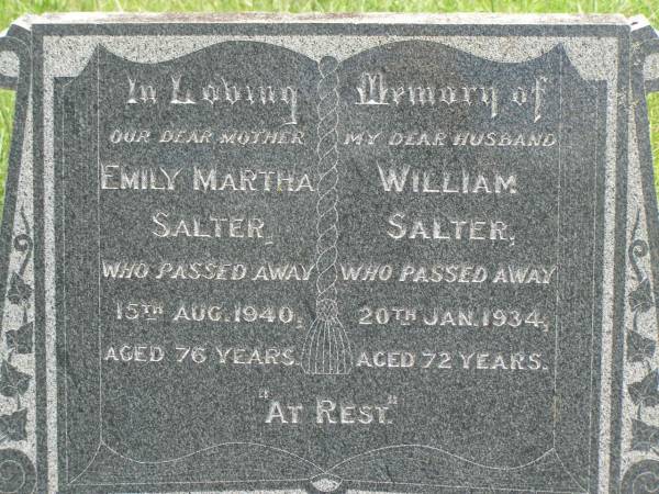 Emily Martha SALTER,  | mother,  | died 15 Aug 1940 aged 76 years;  | William SALTER,  | husband,  | died 20 Jan 1934 aged 72 years;  | Kilkivan cemetery, Kilkivan Shire  | 