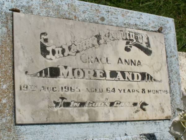 Grace Anna MORELAND,  | died 19 Aug 1965 aged 64 years 8 months;  | Kilkivan cemetery, Kilkivan Shire  | 