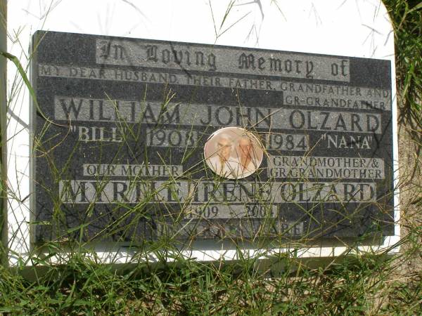 William John (Bill) OLZARD,  | husband father grandfather great-grandfather,  | 1908 - 1984;  | Myrtle Irene (Nana) OLZARD,  | mother grandmother great-grandmother,  | 1909 - 2004;  | Kilkivan cemetery, Kilkivan Shire  | 