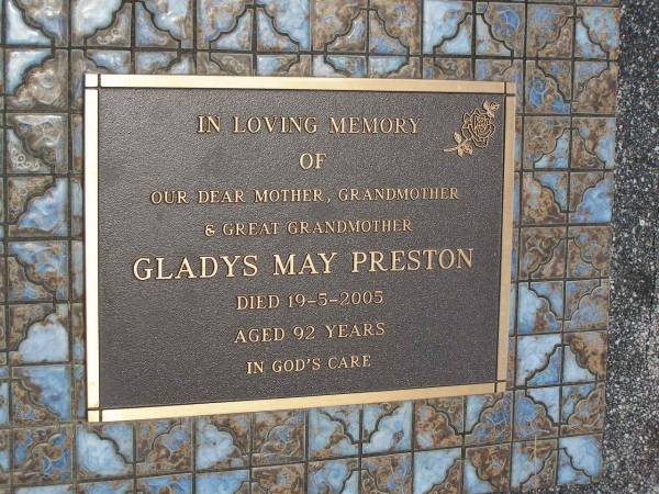 Gladys May PRESTON,  | mother grandmother great-grandmother,  | died 19-5-2005 aged 92 years;  | Kilkivan cemetery, Kilkivan Shire  | 