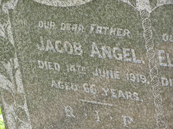 Jacob ANGEL,  | father,  | died 14 June 1919 aged 66 years;  | Elizabeth ANGEL,  | mother,  | died 7 March 1917 aged 56 years;  | Kilkivan cemetery, Kilkivan Shire  | 