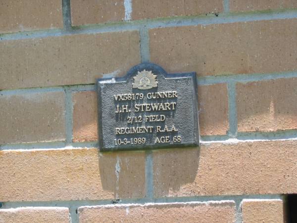 J.H. STEWART,  | died 10-3-1989 aged 68 years;  | Kilkivan cemetery, Kilkivan Shire  | 