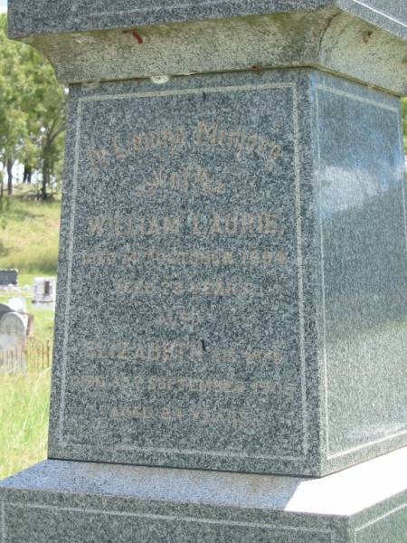 William LAURIE,  | died 14 Oct 1894 aged 73 years;  | Elizabeth,  | wife,  | died 30 Sept 1905 aged 84 years;  | Charles Henry Thomas MASON,  | died Ela?? Kilkivan 4 March 1906 aged 63 years;  | Agnes,  | wife,  | died 5 Jan 1921 aged 78 years;  | Kilkivan cemetery, Kilkivan Shire  | 