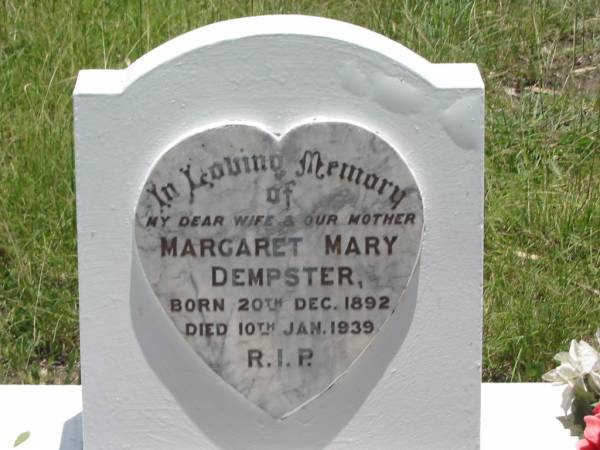 Margaret Mary DEMPSTER,  | wife mother,  | born 20 Dec 1892,  | died 10 Jan 1939;  | Kilkivan cemetery, Kilkivan Shire  | 