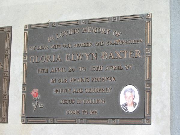 Bernard Joseph (Barney) BAXTER,  | husband father grandfather,  | 2 Jan 1922 - 21 July 2002;  | Gloria Elwyn BAXTER,  | wife mother grandmother,  | 13 April 24 - 13 April 97;  | Kilkivan cemetery, Kilkivan Shire  | 