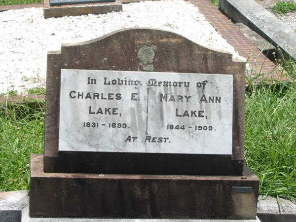 Charles E. LAKE,  | father,  | 1831 - 1895;  | Mary Ann LAKE,  | mother,  | 1844 - 1909;  | Kilkivan cemetery, Kilkivan Shire  | 